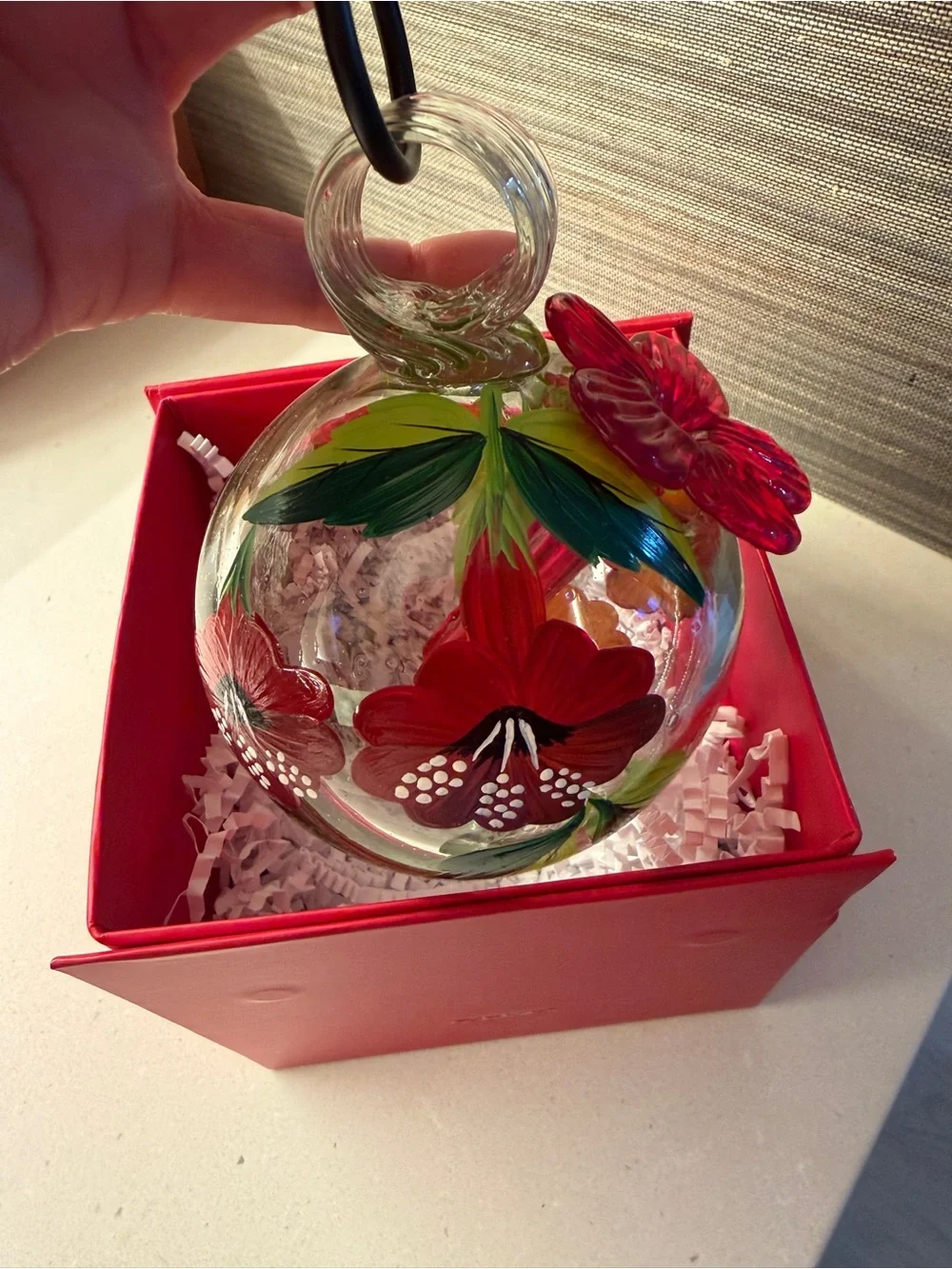 Brand new Hand Blown Glass Ornament/Hummingbird Feeder with Red Floral Accent - Picture 4 of 5